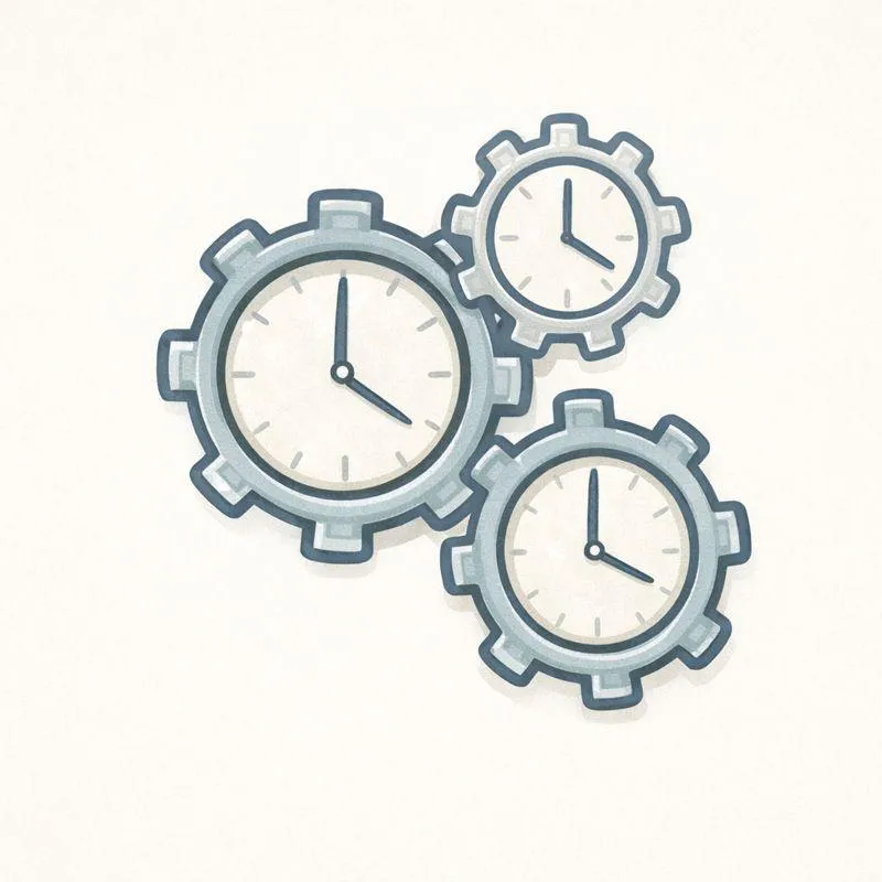 Interconnected clock gears on a soft neutral background, representing multiple processes happening at the same time and overlapping timelines.
