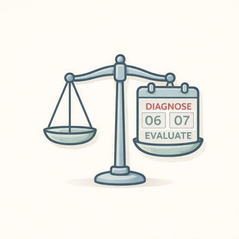 Balanced scale icon with a calendar resting in one tray, representing slowing the decision-making process to evaluate timing and priorities calmly