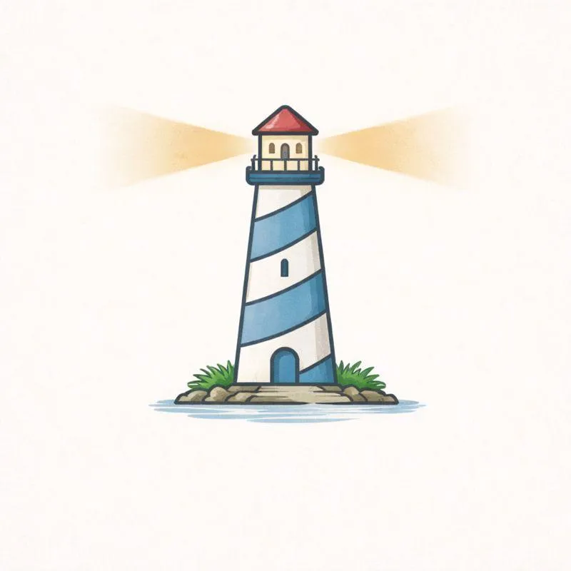 Stylized lighthouse with warm glowing beams on a soft neutral background, symbolizing steady guidance and clarity during complex decisions.
