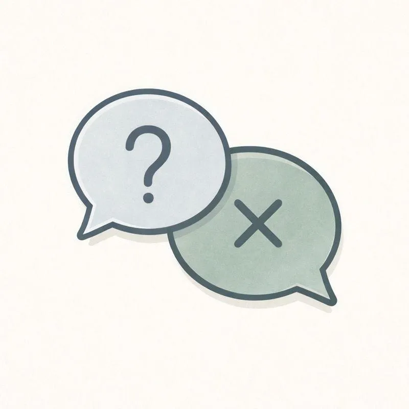 Overlapping speech bubbles with a question mark and an X on a soft neutral background, representing common misunderstandings and mixed signals during complex decisions.