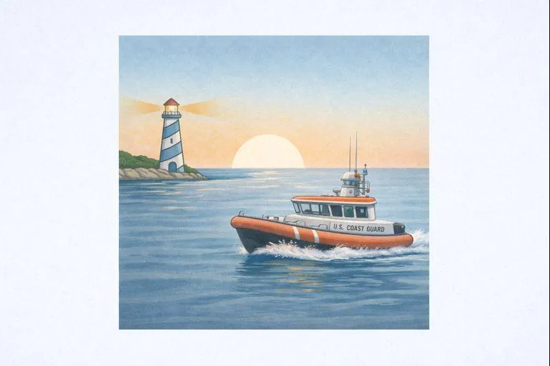 Coast Guard rescue boat moving steadily across calm water toward a lighthouse at sunset, representing guidance, steadiness, and informed decision-making over speed.
