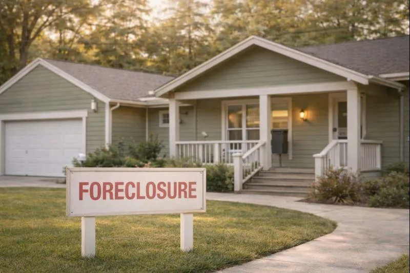 Foreclosure sign in front yard of a suburban home, representing a housing transition without urgency or pressure.