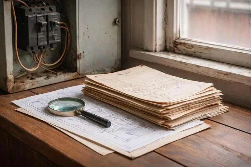 Stack of property records and plans on a windowsill beside an open electrical panel, illustrating how unanswered questions or missing documentation can affect transaction clarity.
