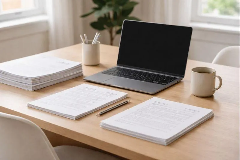 Sunlit workspace with a laptop, neatly stacked paper documents, and a coffee mug on a desk, representing organized property records and documentation.