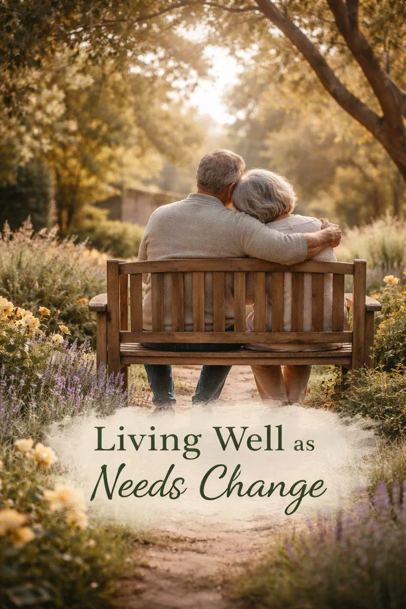 Older couple walking together along a quiet residential path, representing living well as needs change for California homeowners.