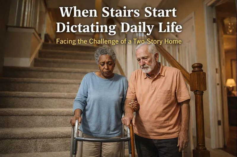 Older couple standing near stairs inside a home, showing how stairs can affect daily movement and routines.