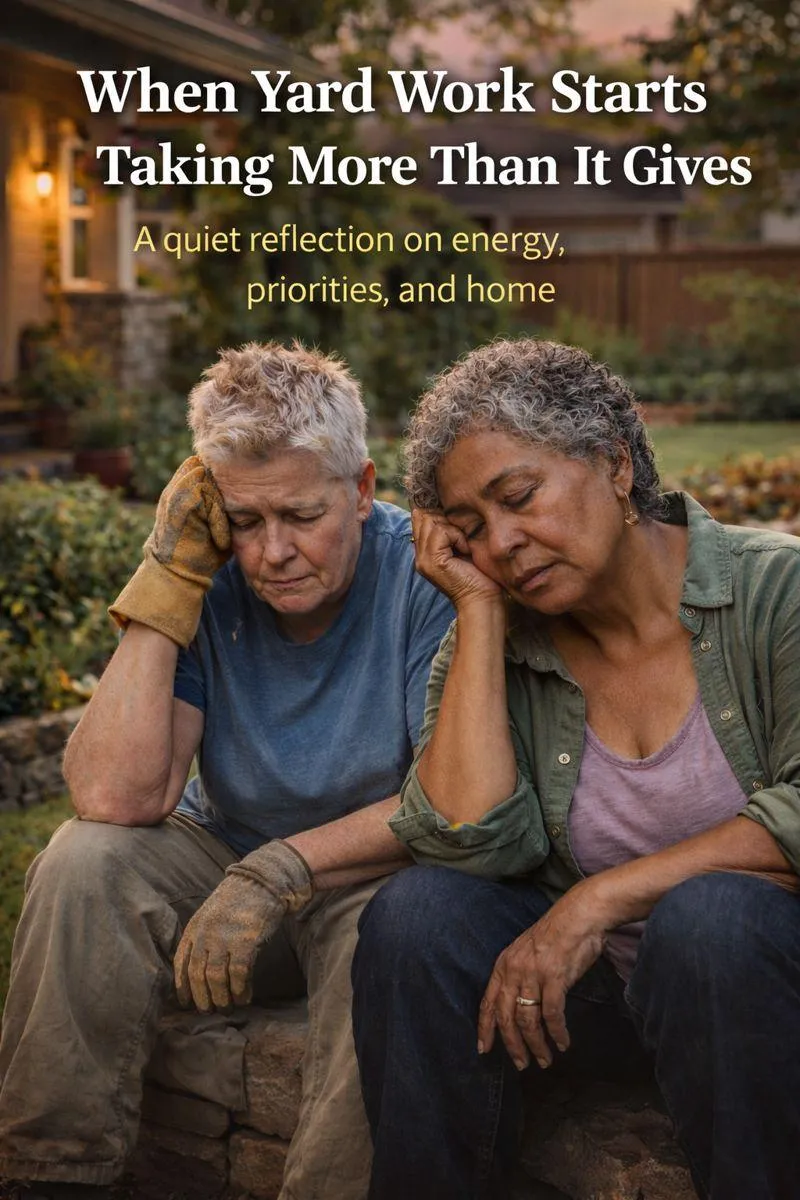 Two people resting outdoors after yard work, showing how ongoing maintenance can become physically demanding.