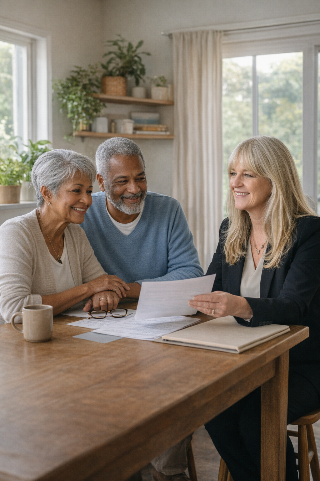 Val Schwab, a California REALTOR®, reviewing housing documents with an older couple at a dining table in a bright, comfortable home.
