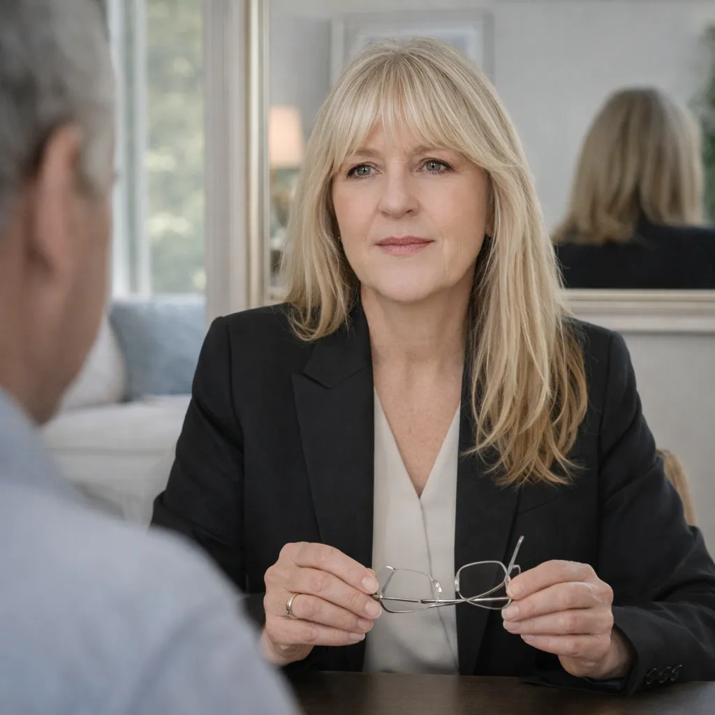 Real estate agent seated at a table wearing a black blazer, holding silver eyeglasses, speaking with a client in a calm office setting.