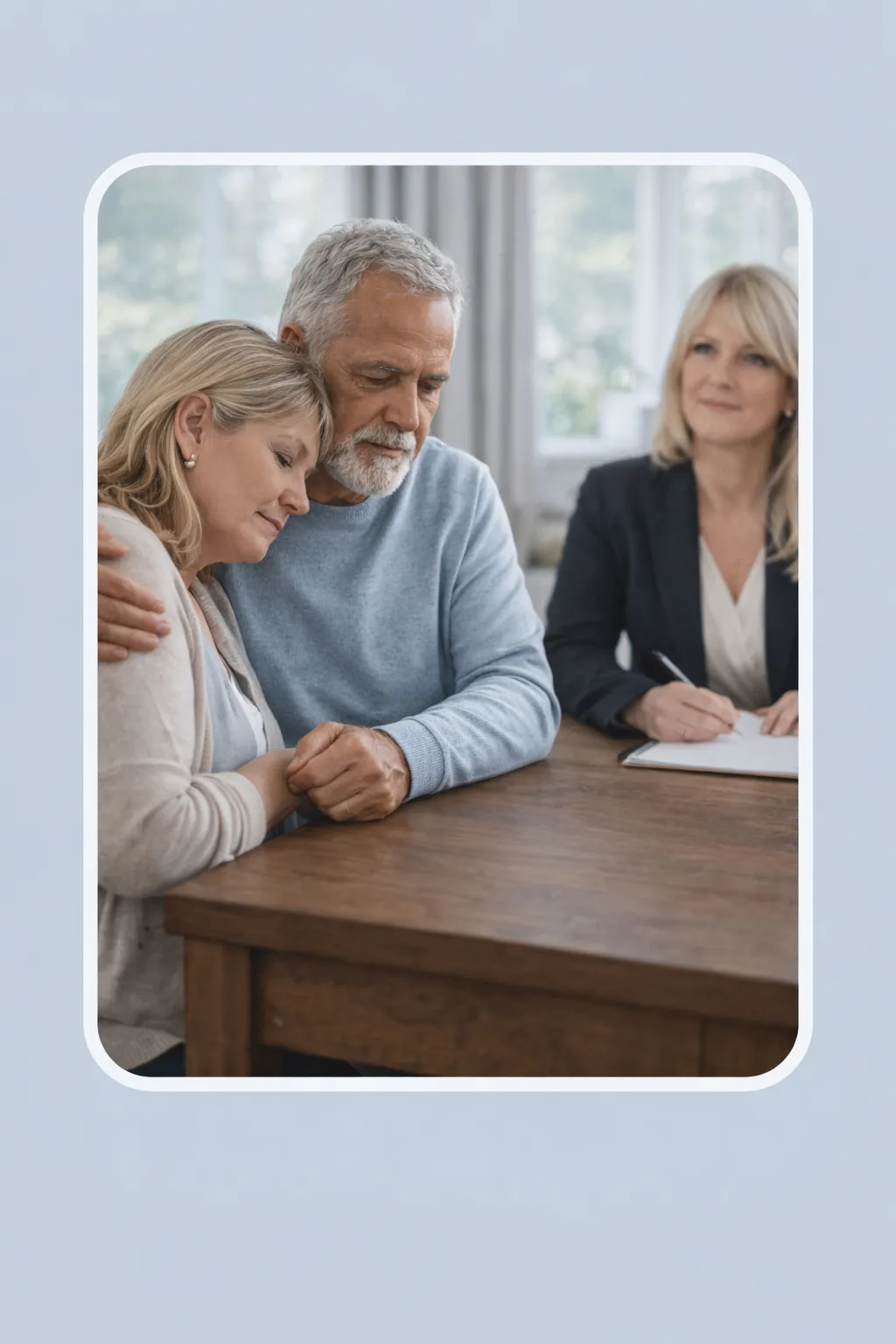 Homeowners reviewing housing options with a trusted advisor in a quiet, supportive setting focused on understanding choices.