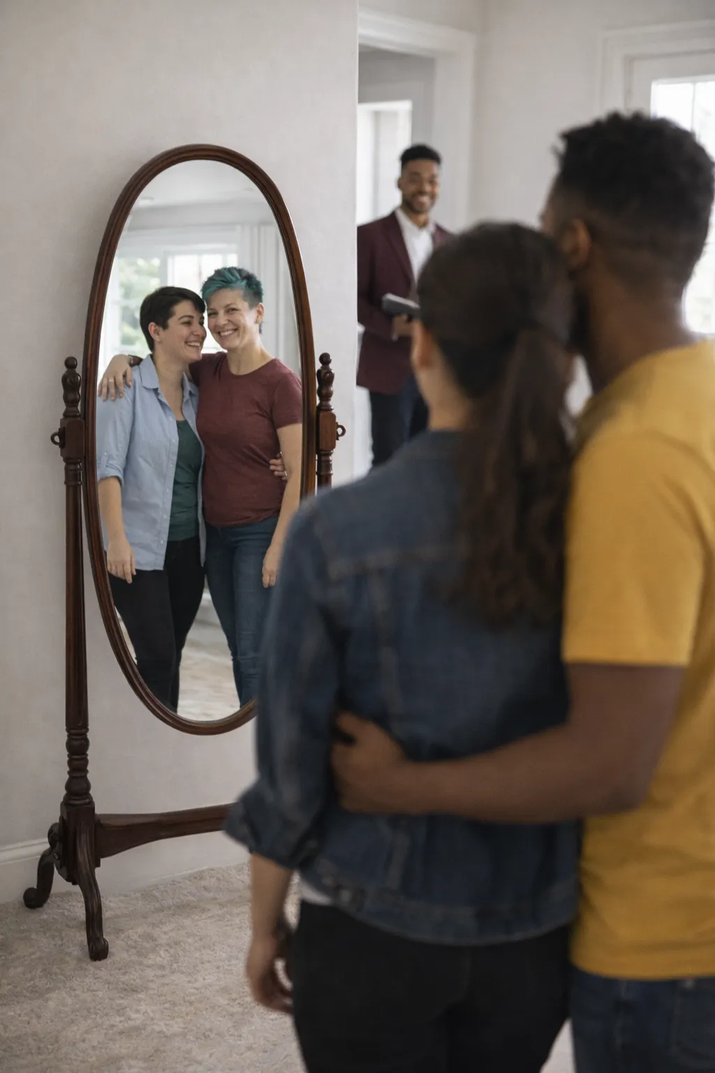 LGBTQ couple viewing themselves in a mirror during a real estate home showing in a bright interior