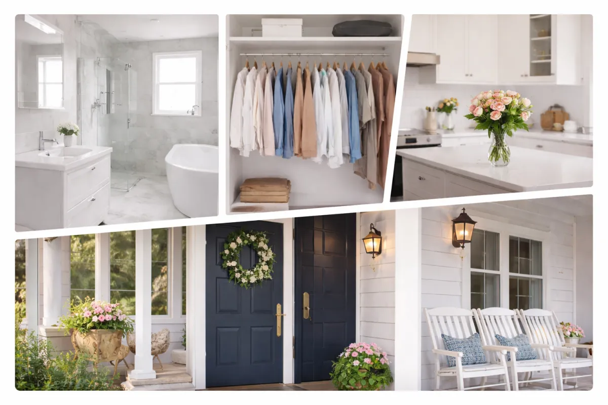 Bright, well-prepared home interior and welcoming front porch showing a clean, decluttered space ready for buyers.