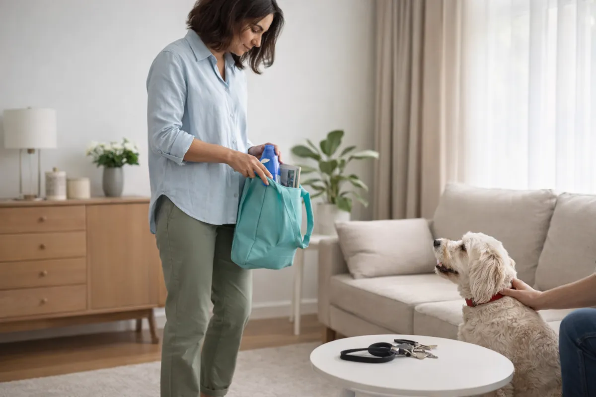 Homeowner preparing a clean living room and securing a pet before a real estate showing.