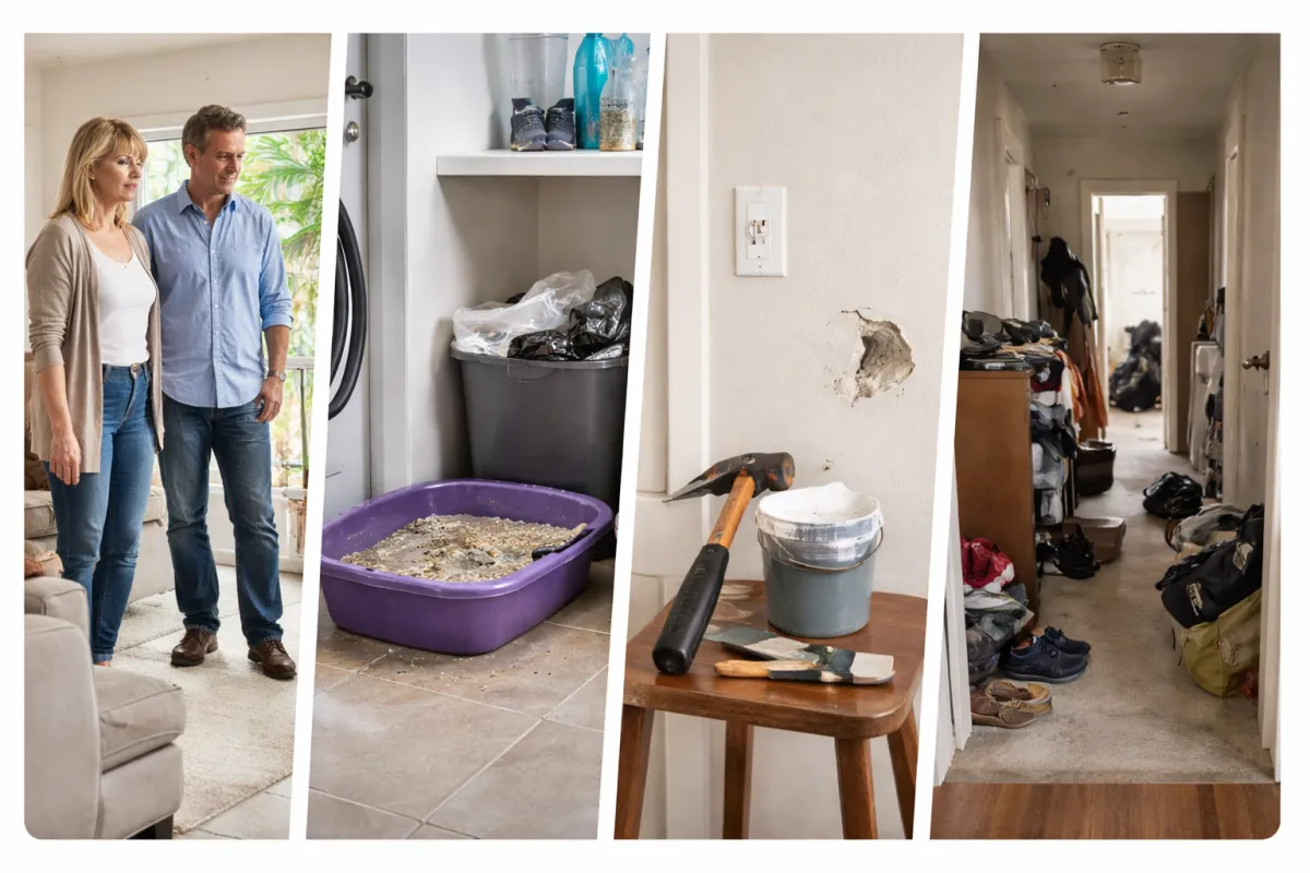 Side-by-side examples of common home showing mistakes, including cluttered spaces, unfinished repairs, poor lighting, and homeowners present during showings.