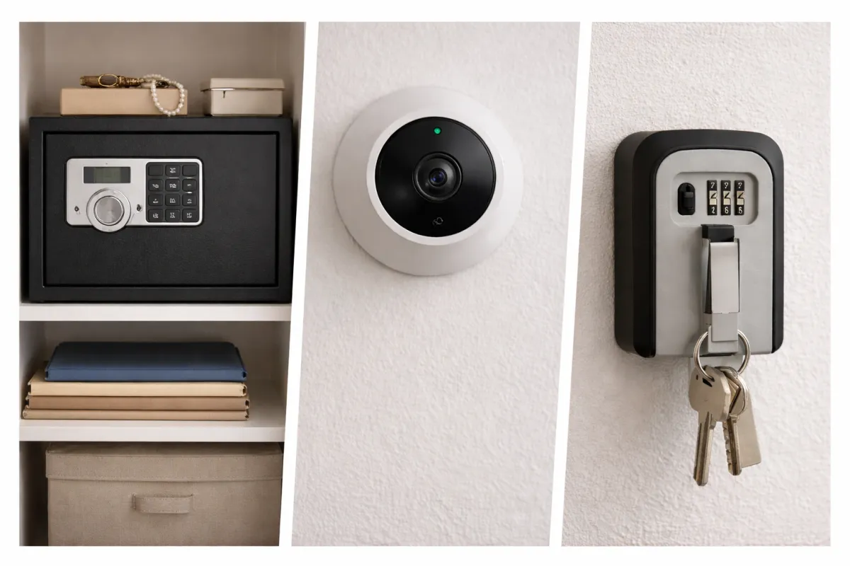 Digital home safe, indoor security camera, and lockbox used to protect valuables and control access during real estate showings.