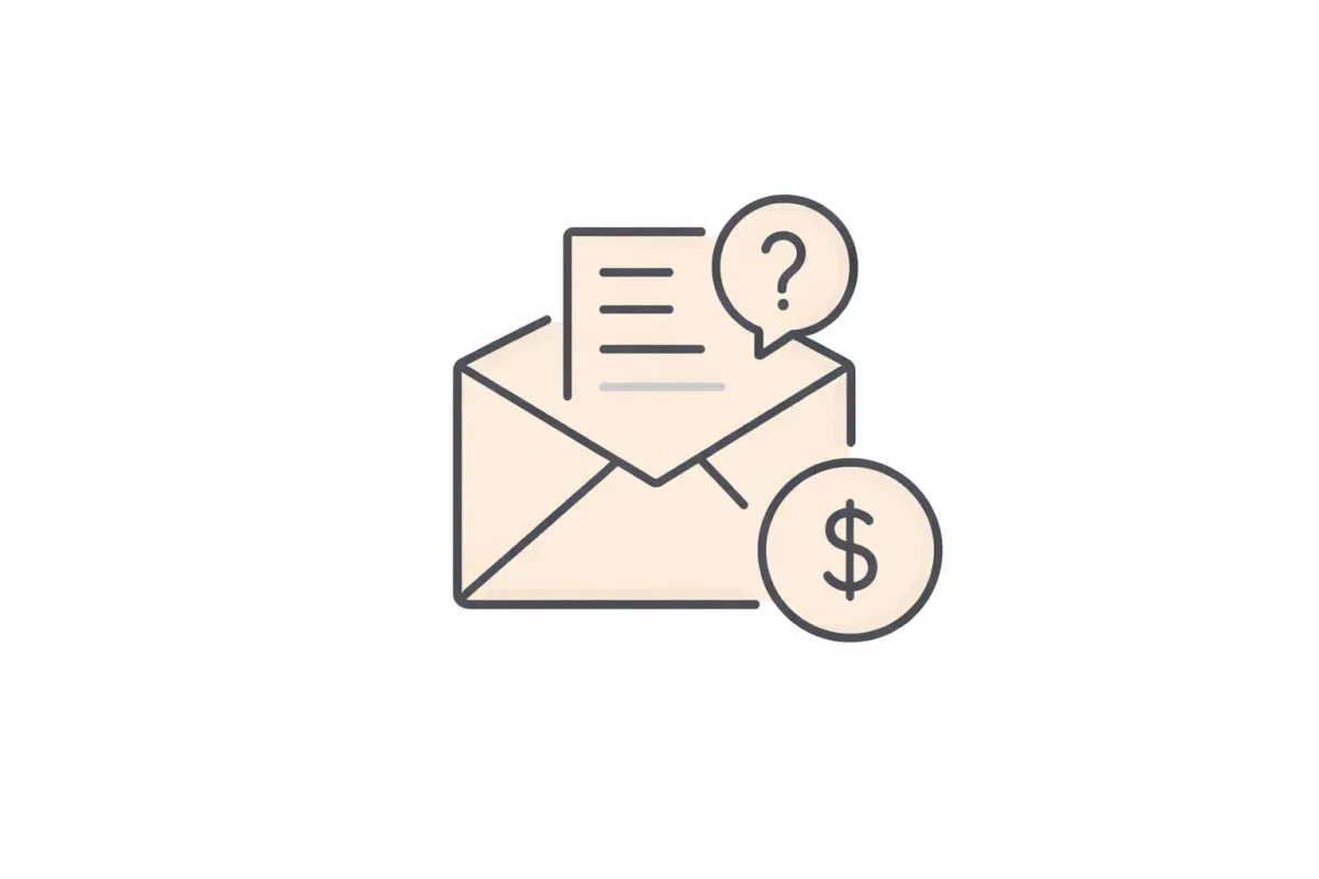 Illustration of an unopened envelope with a question mark and dollar symbol, representing a notice arriving without clear explanation or financial clarity.