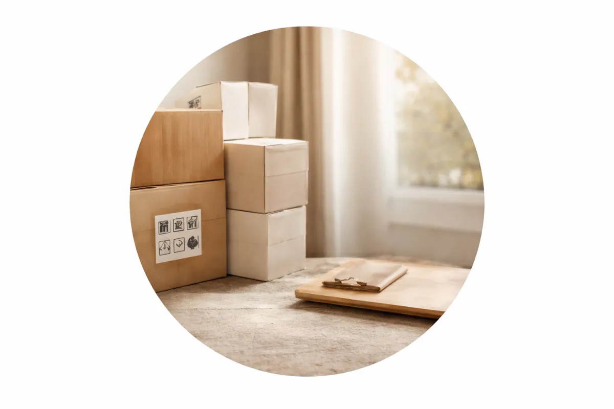Stacked moving boxes in a softly lit room, representing job changes or life transitions that may lead to housing decisions.