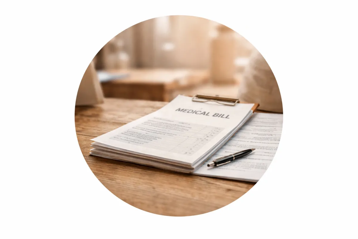 Stack of medical bills on a table representing unexpected medical expenses that can impact homeowner financial decisions.