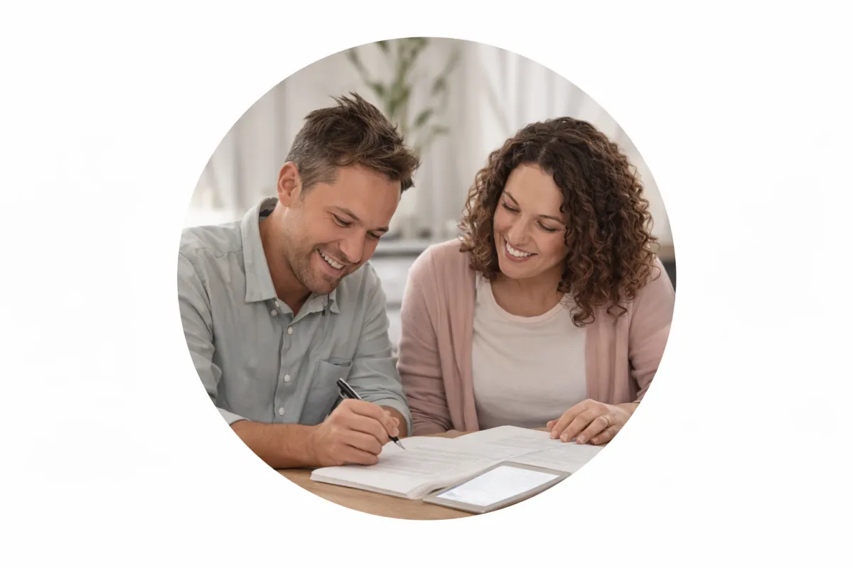 Couple reviewing paperwork together at a table, representing inheritance or shared home ownership decisions that can affect financial planning.
