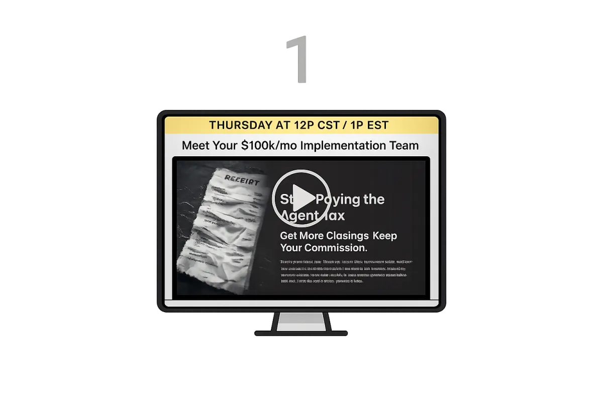 Watch overview step showing real estate agent marketing infrastructure video preview explaining how agents stop paying referral splits and access $100k per month implementation team