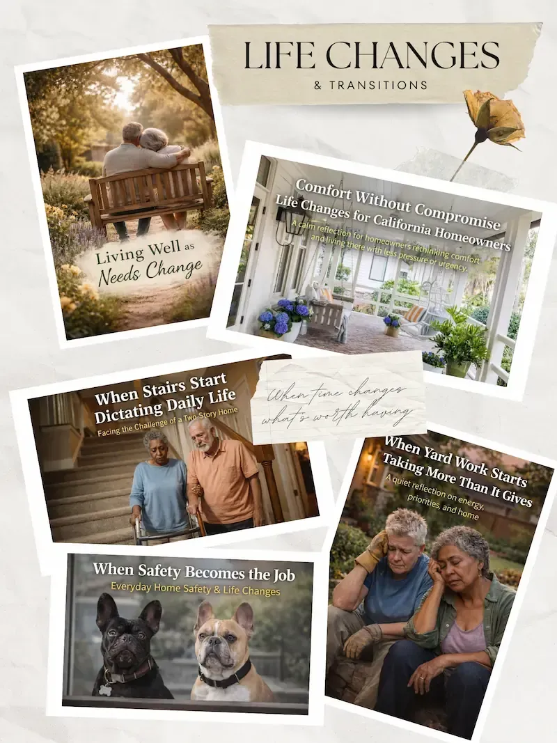 Collage of unspoken homeowner situations including downsizing, financial stress, and difficult life transitions