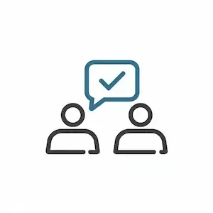 Two people with checkmark chat icon representing guided real estate decision conversation and consultation process