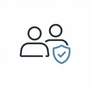 Minimal line icon showing two verified buyers, represented by two figures with a shield and checkmark to indicate trusted, real buyers.
