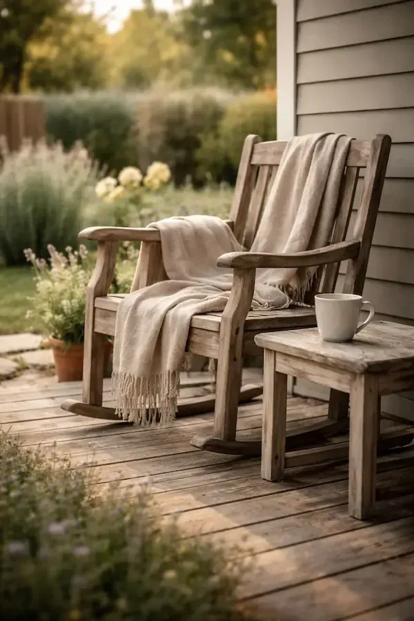 Peaceful outdoor seating area with wooden chairs and blanket representing quiet reflection and simpler living in Fresno California