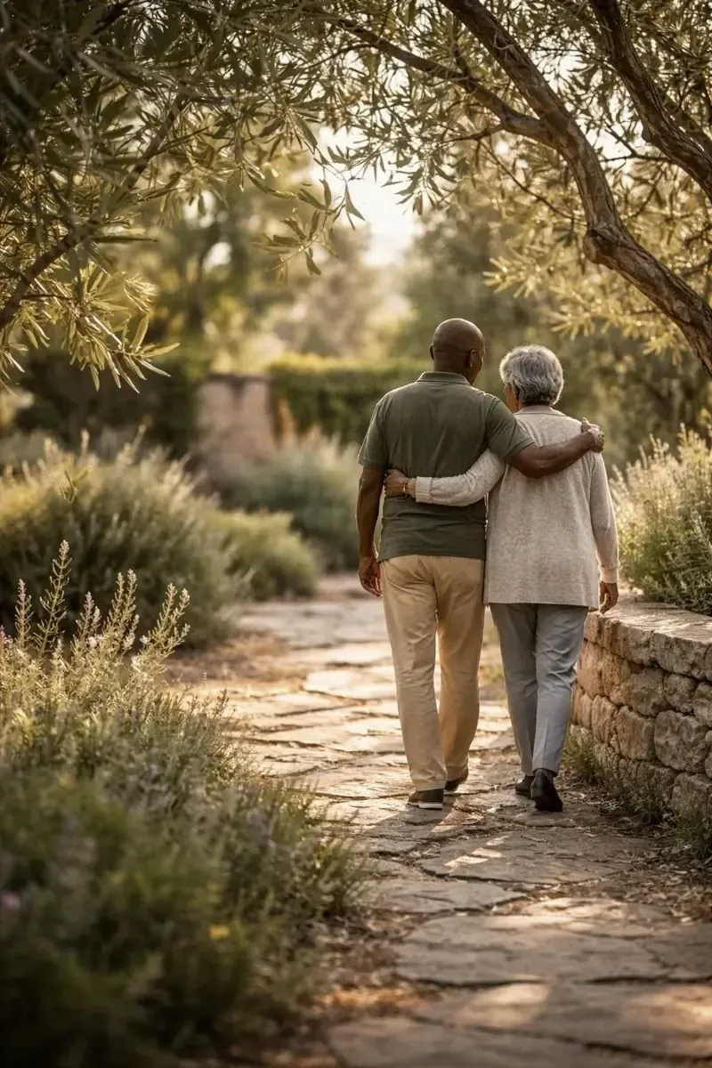 Older couple walking together on a garden path reflecting on life changes and housing transitions in Fresno California