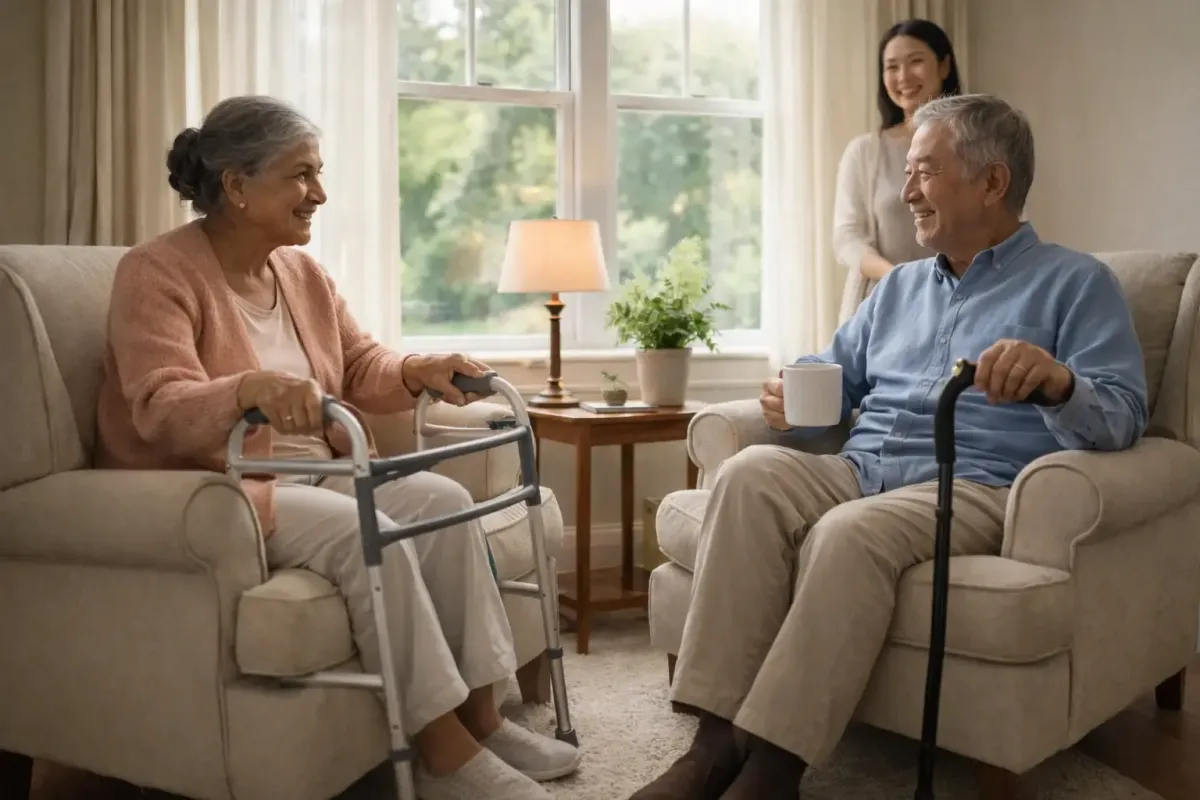 Senior couple seated in a bright living room, one using a walker, sharing a calm moment that reflects mobility changes, support, and thoughtful home transitions.