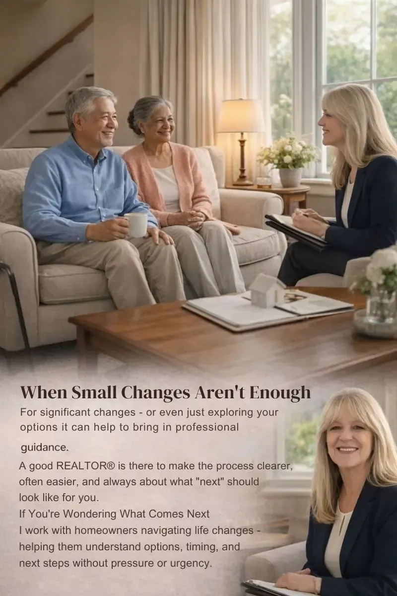 Senior couple meeting with a real estate professional in a comfortable living room, discussing future housing options, downsizing, and supportive next steps during life changes.
