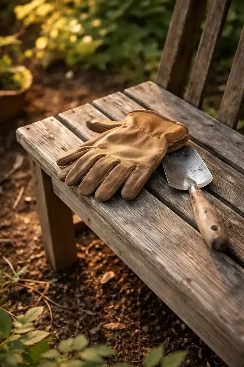 Work gloves resting on a weathered garden bench, symbolizing homeowner fatigue and reflection when yard maintenance starts taking more energy than it gives.