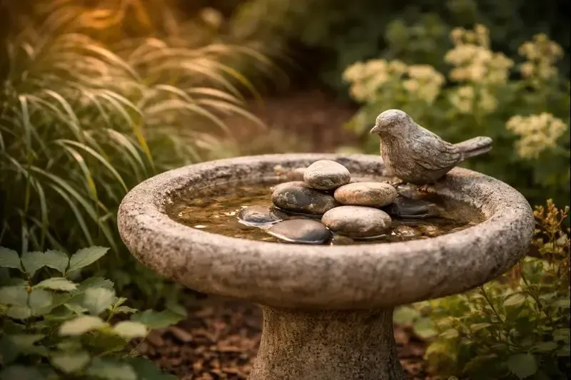 Stone birdbath in a landscaped backyard garden, representing peaceful outdoor spaces and the reflection homeowners feel when yard upkeep becomes more demanding.