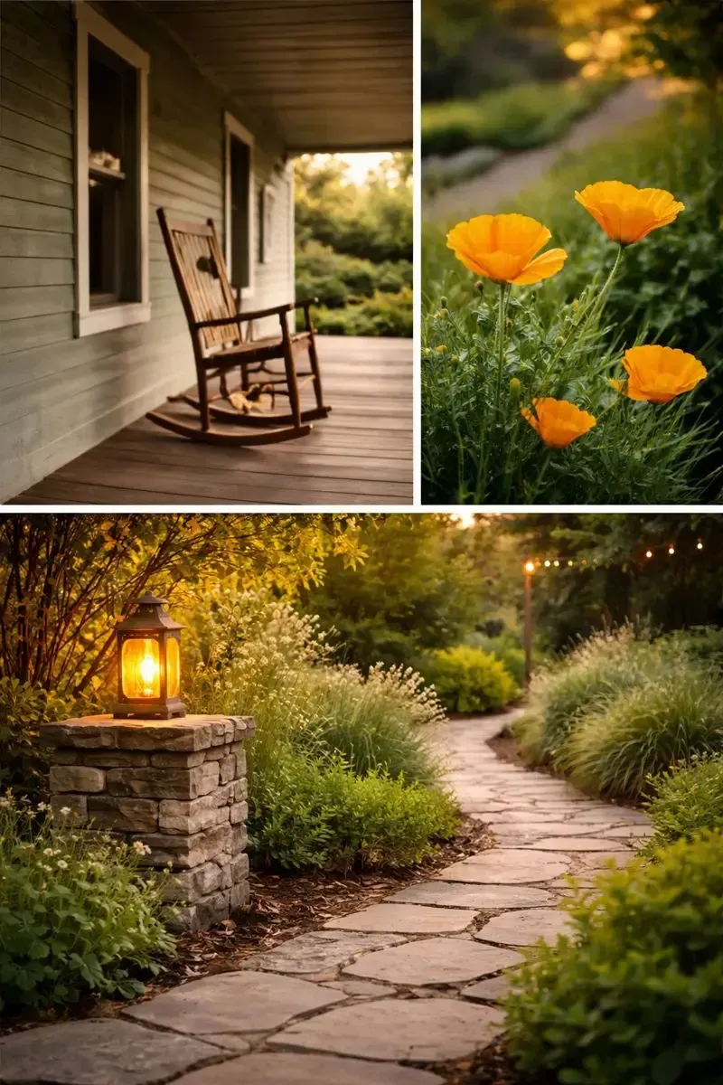 Wooden rocking chair on a quiet front porch at sunset, representing peace, slower living, and homeowners reconsidering time, energy, and upkeep priorities.