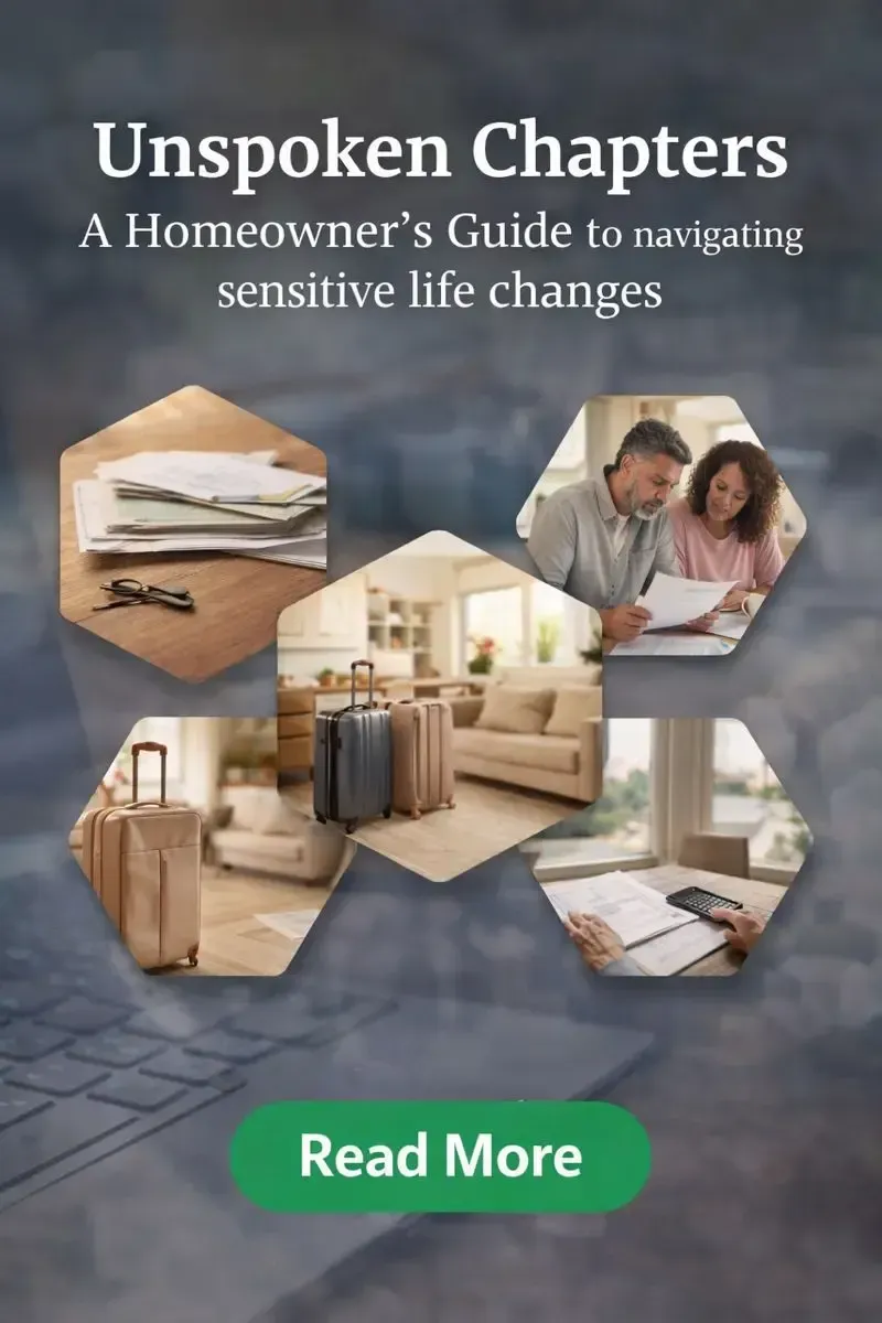 Unspoken Chapters resource for homeowners facing life transitions, illustrating paperwork, moving, and thoughtful housing decisions.