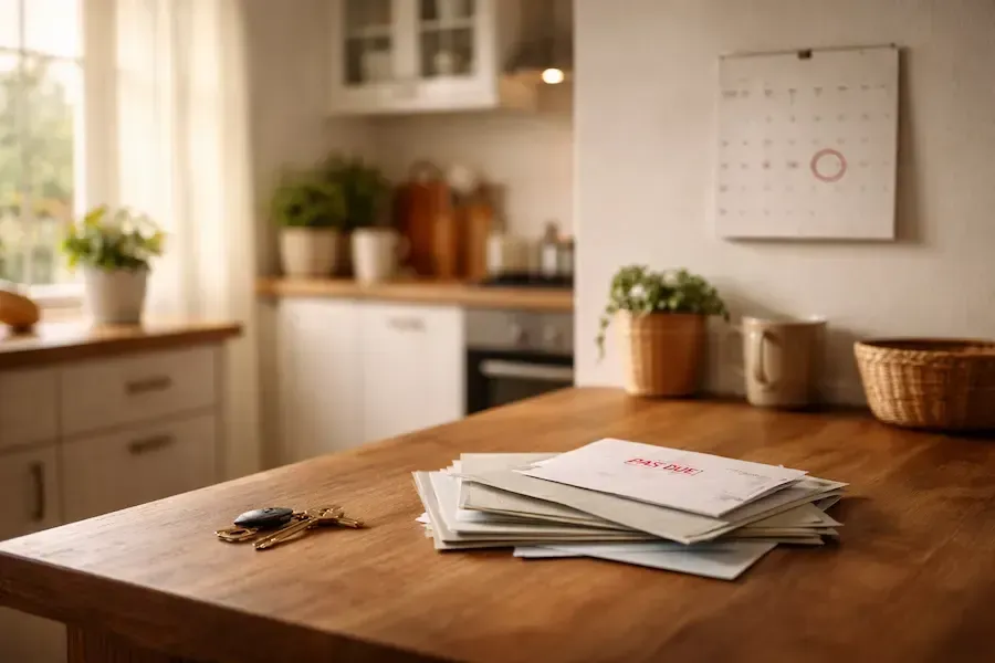 Soft morning light in a quiet kitchen with a stack of unopened bills marked ‘past due,’ house keys on a wooden table, and a wall calendar with a circled date in the background.