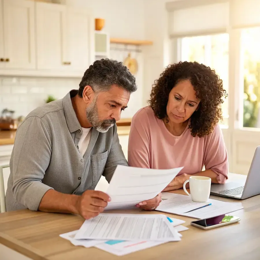 Family members discussing paperwork related to an inherited property, including estate documents and outstanding financial obligations.