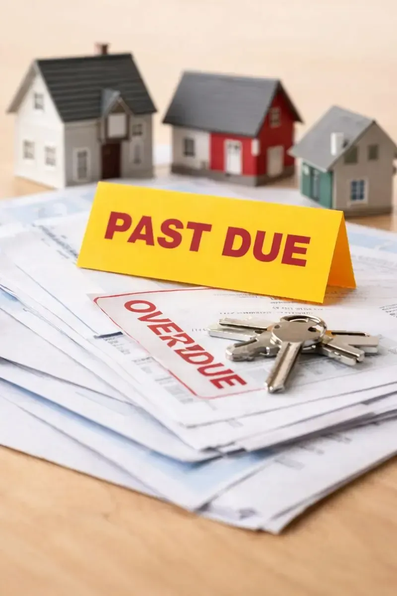 Mortgage paperwork with a past-due notice and house keys on a table, illustrating an early stage of missed payments.