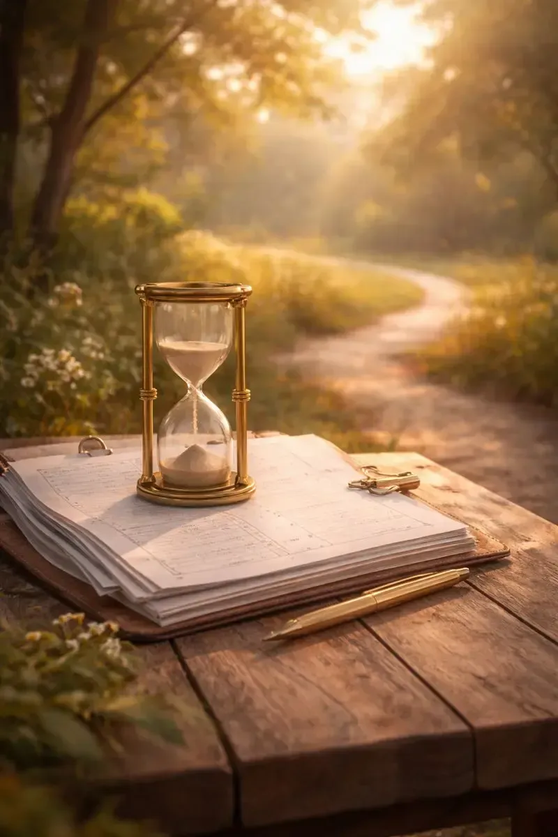 Soft morning light over a quiet outdoor path beside a wooden table with a planner and hourglass, symbolizing clarity, timing, and thoughtful progress during life transitions.