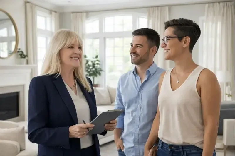 Valarie Schwab eXp Realty REALTOR® consulting with a home seller couple in a bright Fresno area living room discussing home selling strategy and pricing options
