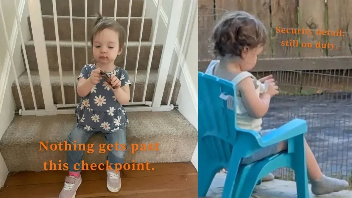 Toddler seated near stair safety gate and child sitting outdoors, illustrating how homes adapt with everyday safety roles, supervision, and family transitions.