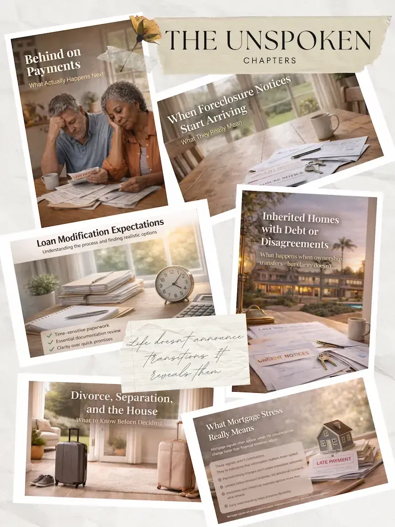 Collage titled ‘The Unspoken Chapters’ showing homeowners facing life transitions, including missed payments, foreclosure notices, loan modifications, inheritance decisions, divorce, and mortgage stress.