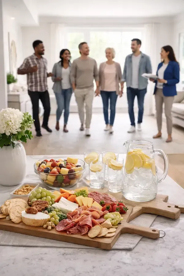 Buyers touring a home during an open house with refreshments prepared