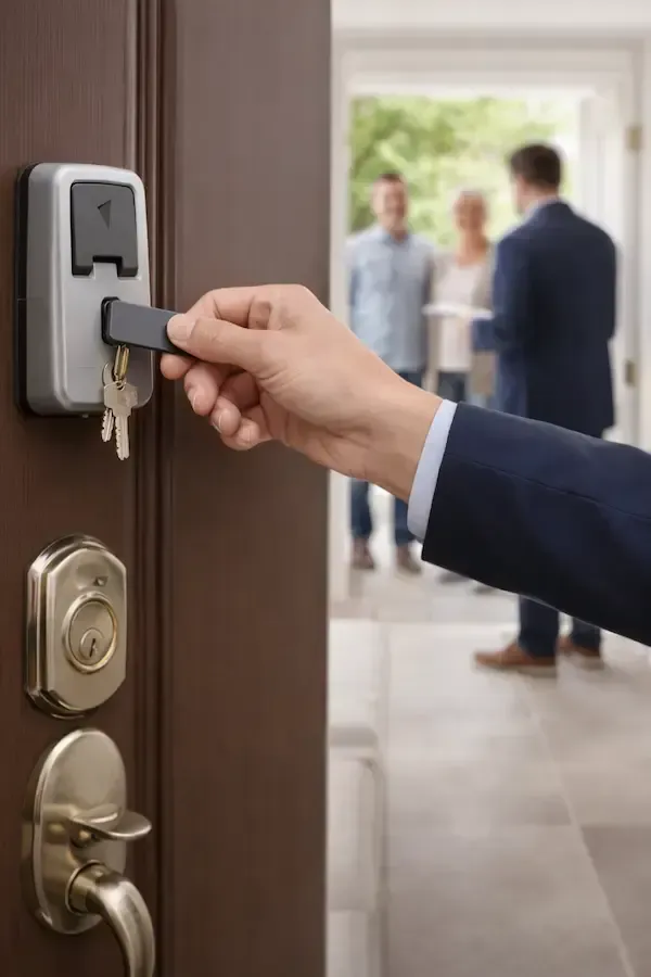 Buyer agent using lockbox for scheduled real estate home showing