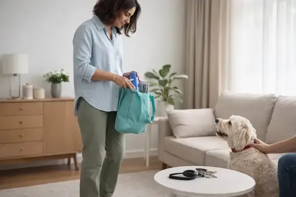 Homeowner preparing home for real estate showing with quick exit bag ready
