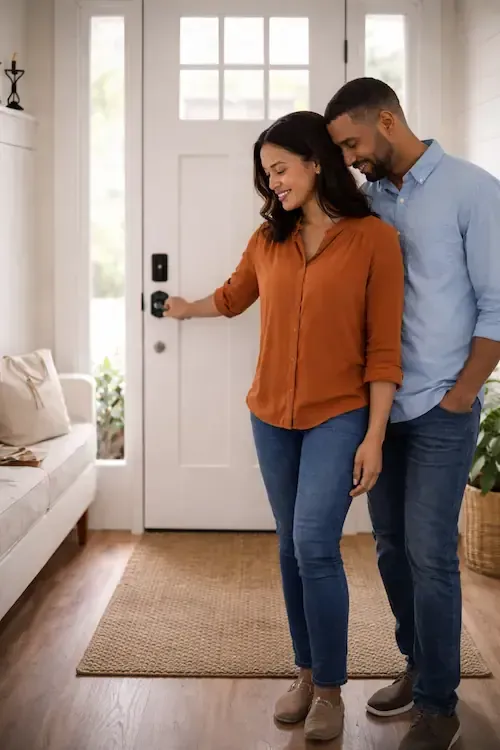 Homeowners closing the front door after a home showing, standing together in a calm, sunlit entryway that reflects a tidy, well-prepared space.