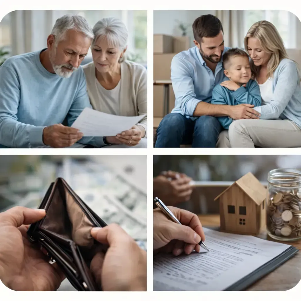 Collage showing California homeowners reviewing finances housing documents and options