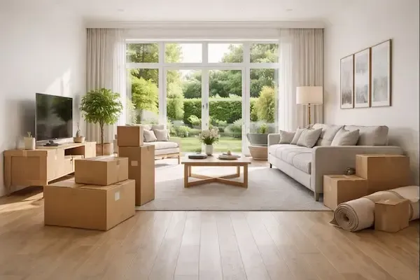 Bright living room with moving boxes during a pending real estate transaction
