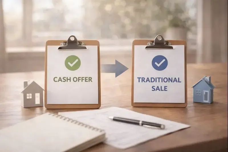 Visual comparison of cash offer and traditional home sale options for California homeowners considering selling paths