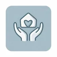 Icon of hands holding a house, symbolizing housing support and care.